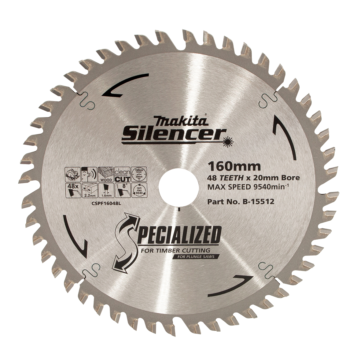 B-15512 PLUNGE SAW TCT SAW BLADE 160mm x 20mm x 48T - 2.2mm KERF
