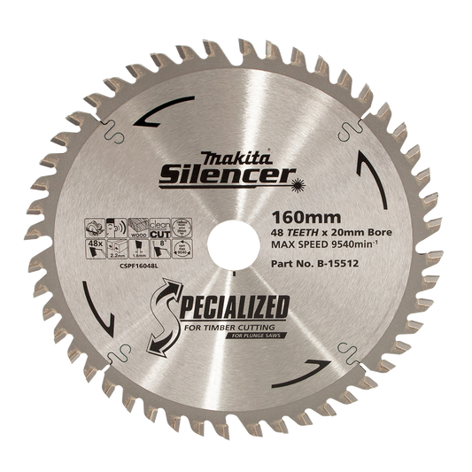 B-15512 PLUNGE SAW TCT SAW BLADE 160mm x 20mm x 48T - 2.2mm KERF